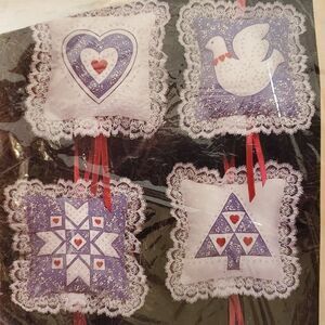 Quilted Pillow Ornament Kit Folk Heart Dove Tree Geometric Blue Floral Lace